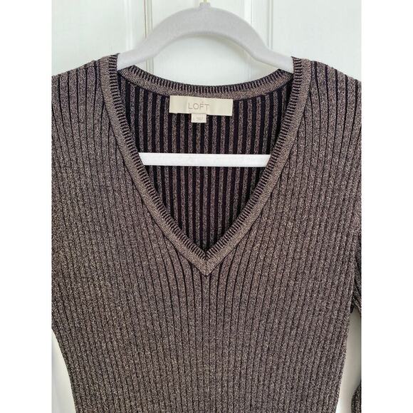 LOFT Gold Black Shimmer Ribbed V-Neck Midi Sweater Dress Blouson Sleeves - Picture 10 of 13